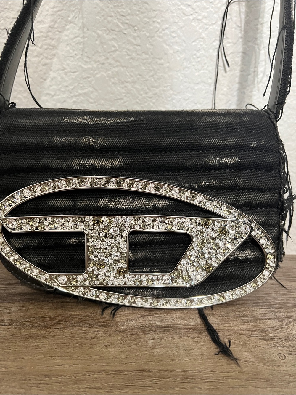 Diesel Black Shoulder Bag with Crystal Logo Accent